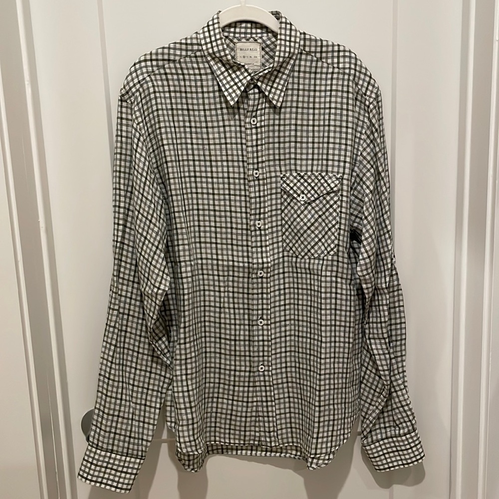 Billy Reid Medium Men Linen L/S Shirt Olive/Gray/White Regular Fit